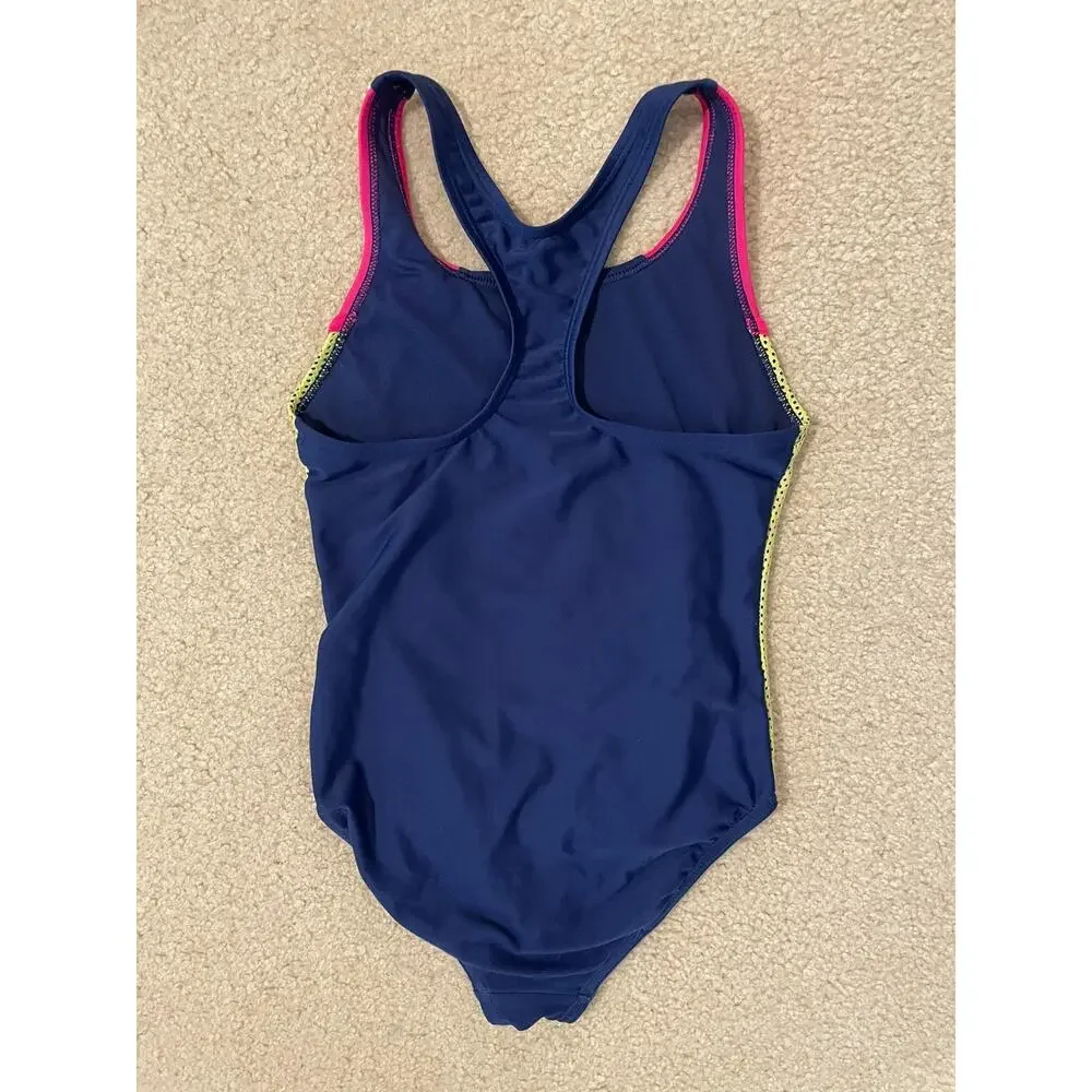 Speedo Girls 1 Piece Swim Suit Sz M 10 Racerback Navy Athletic Modest Bathing